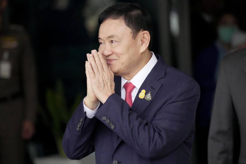 Thailand's former Prime Minister Thaksin Shinawatra arrives at Don Muang airport in Bangkok, Thailand, Tuesday, Aug. 22, 2023. (AP Photo/Sakchai Lalit)