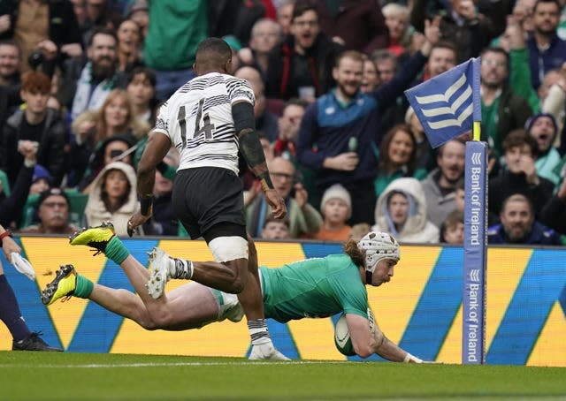 Mackenzie Hansen dives in at the corner for Ireland in their 35-17 Autumn international win against Fiji in Dublin 