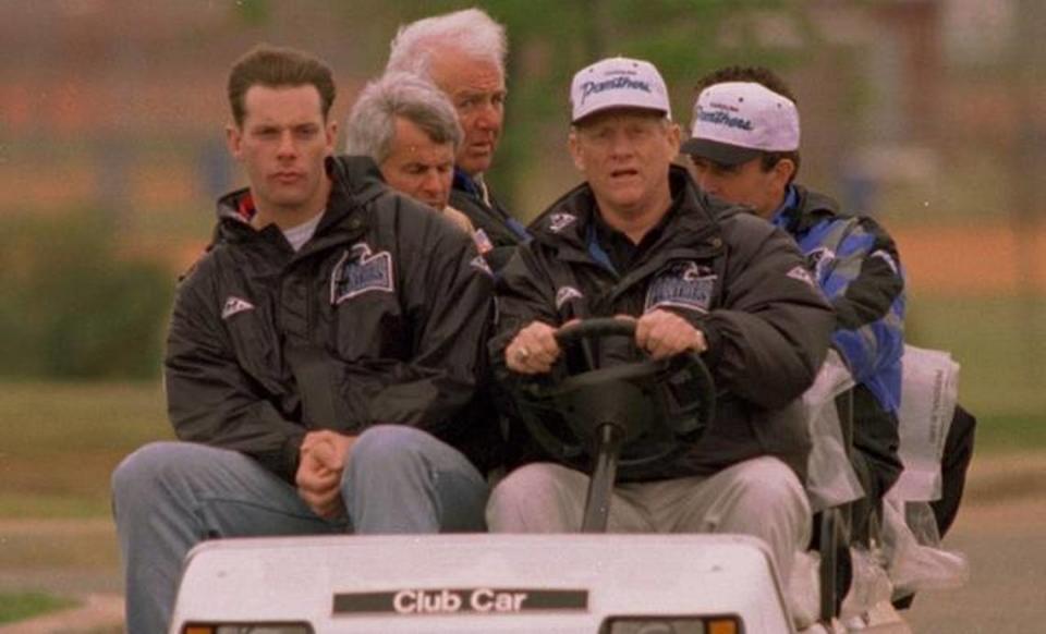 It was 20 years ago when Panthers’ general manager Bill Polian (driving the golf cart) took quarterback Kerry Collins (front left) at No. 5 overall in the 1995 NFL draft. In this picture, Collins was visiting a Panthers’ practice but had not yet been selected by the team.