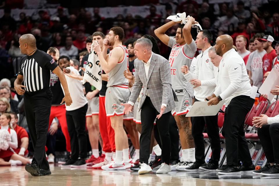 Feb 6, 2024; Columbus, Ohio, USA; Ohio State Buckeyes head coach Chris Holtmann reacts to a foul call on the Buckeyes during the first half of the men’s basketball game against the Indiana Hoosiers at Value City Arena.