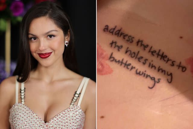 <p>Neilson Barnard/Getty; Courtesy of Grace Flemming</p> Olivia Rodrigo; her fan Grace Flemming's botched tattoo