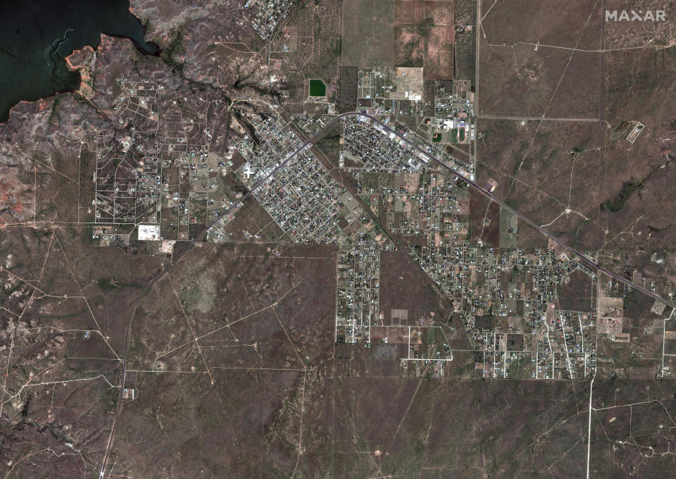 A satellite image shows how Fritch, Texas, looked from above on Aug. 4, 2023. / Credit: Satellite image ©2024 Maxar Technologies