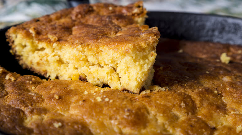 Closeup of skillet cornbread slice