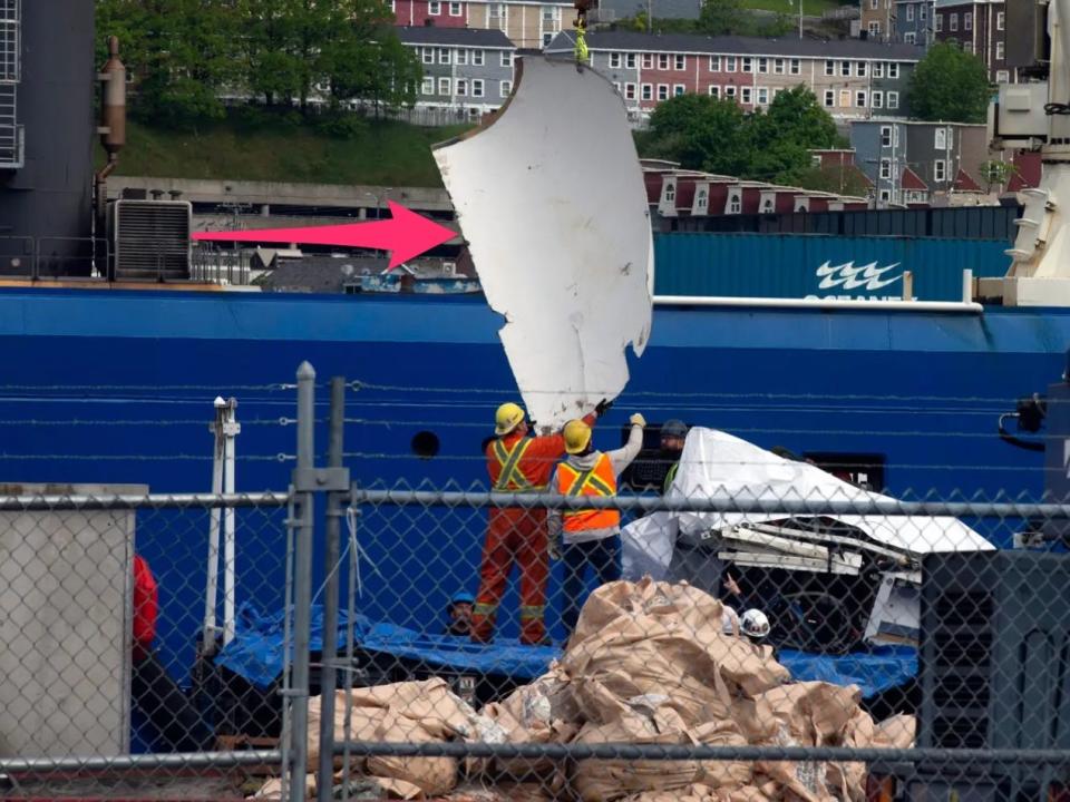 A piece of debris from the Titan submersible pulled up from the ocean floor.