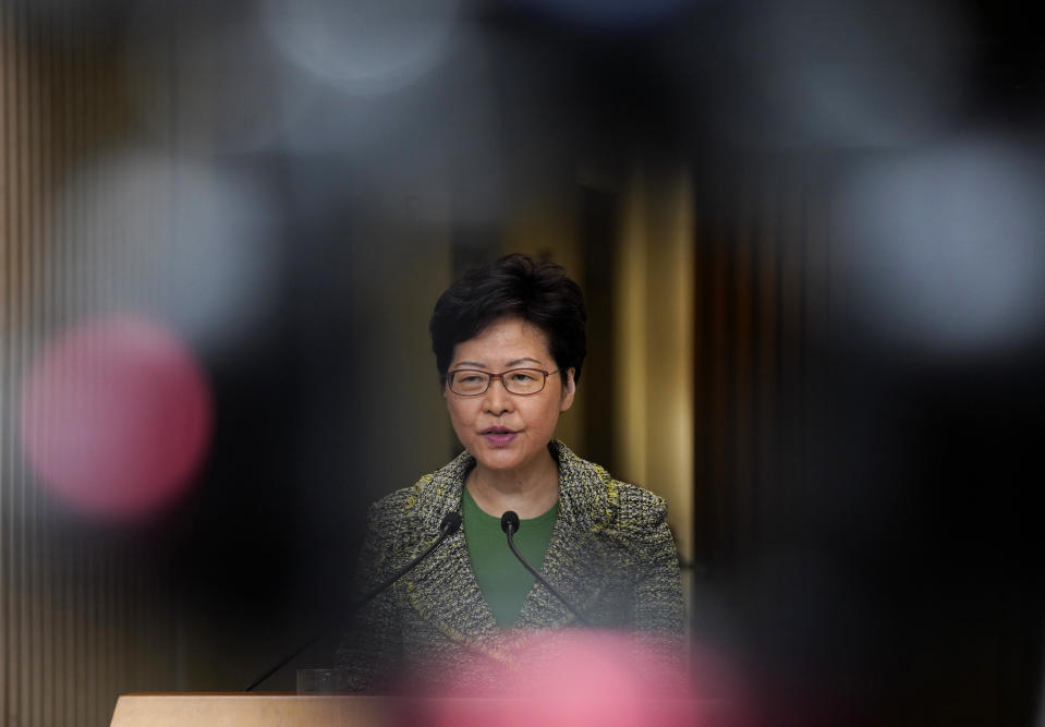 Hong Kong Chief Executive Carrie Lam speaks to reporters' during a press conference at the government building in Hong Kong Tuesday, Sept. 24, 2019. The Beijing-backed leader is hoping to tone down increasingly violent protests ahead of China’s National Day celebrations on Oct. 1. The unrest was sparked by an extradition bill that has now been withdrawn but protesters now demand greater democracy. (AP Photo/Vincent Yu)