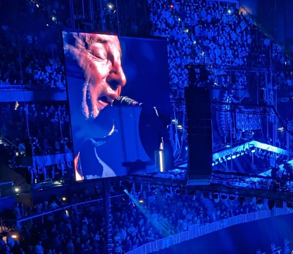 Big-screen closeup of Bruce Springsteen, 73, at his Friday Feb. 3 show in Atlanta's State Farm Arena.