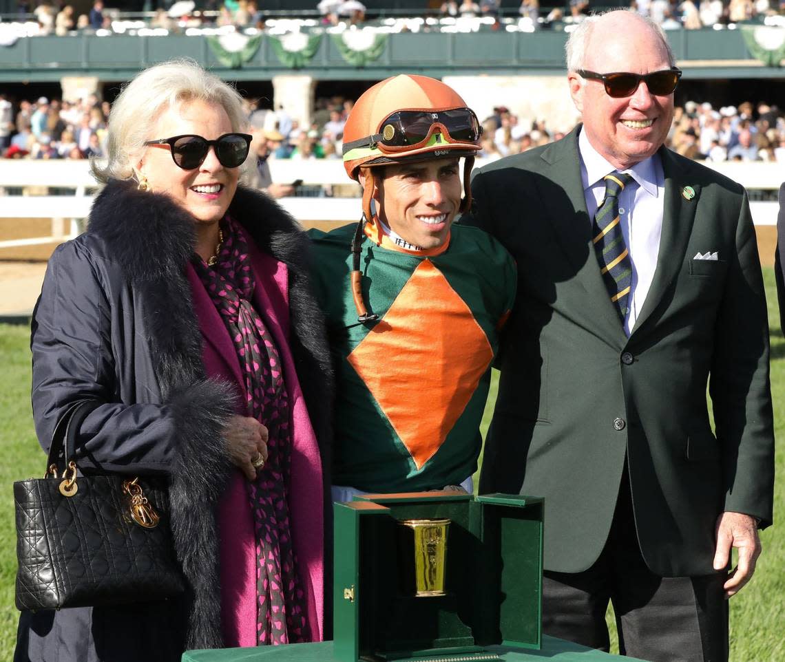 Jockey Irad Ortiz Jr. poses with owners from Sonata Stable after Ortiz rode Arzak to victory in the Grade 2 Shakertown Stakes at Keeneland. Ortiz won the leading jockey title for the 2024 Spring Meet.