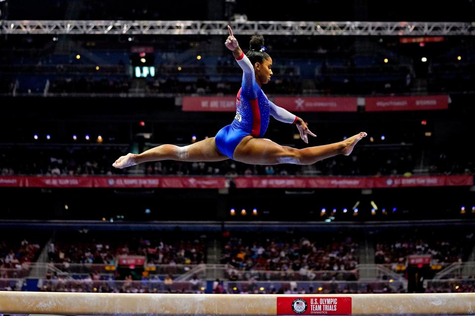 Jordan Chiles competes on the beam during the U.S. Gymnastics Olympic Trails on June 25, 2021, at The Dome at America's Center in St. Louis, Missouri.