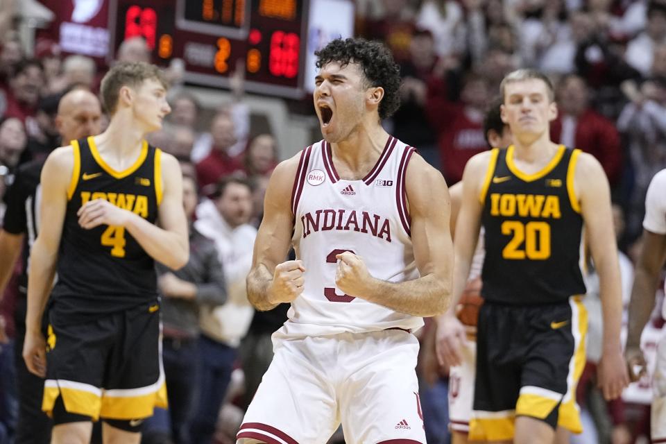 Indiana's Anthony Leal (3) reacts during the second half of an NCAA college basketball game against Iowa, Tuesday, Jan. 30, 2024, in Bloomington, Ind. (AP Photo/Darron Cummings)