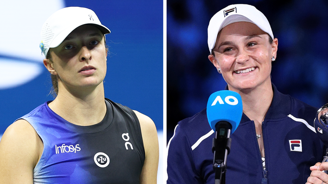 Iga Swiatek reacts and Ash Barty smiles.