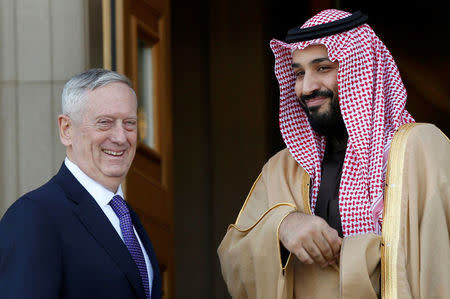 U.S. Defense Secretary James Mattis (L) welcomes Saudi Arabia's Deputy Crown Prince and Minister of Defense Mohammed bin Salman at the Pentagon in Washington, U.S., March 16, 2017. REUTERS/Yuri Gripas