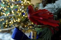 The Blue Room of the White House is decorated for the holiday season during a press preview of holiday decorations at the White House, Monday, Nov. 28, 2022, in Washington. (AP Photo/Patrick Semansky)