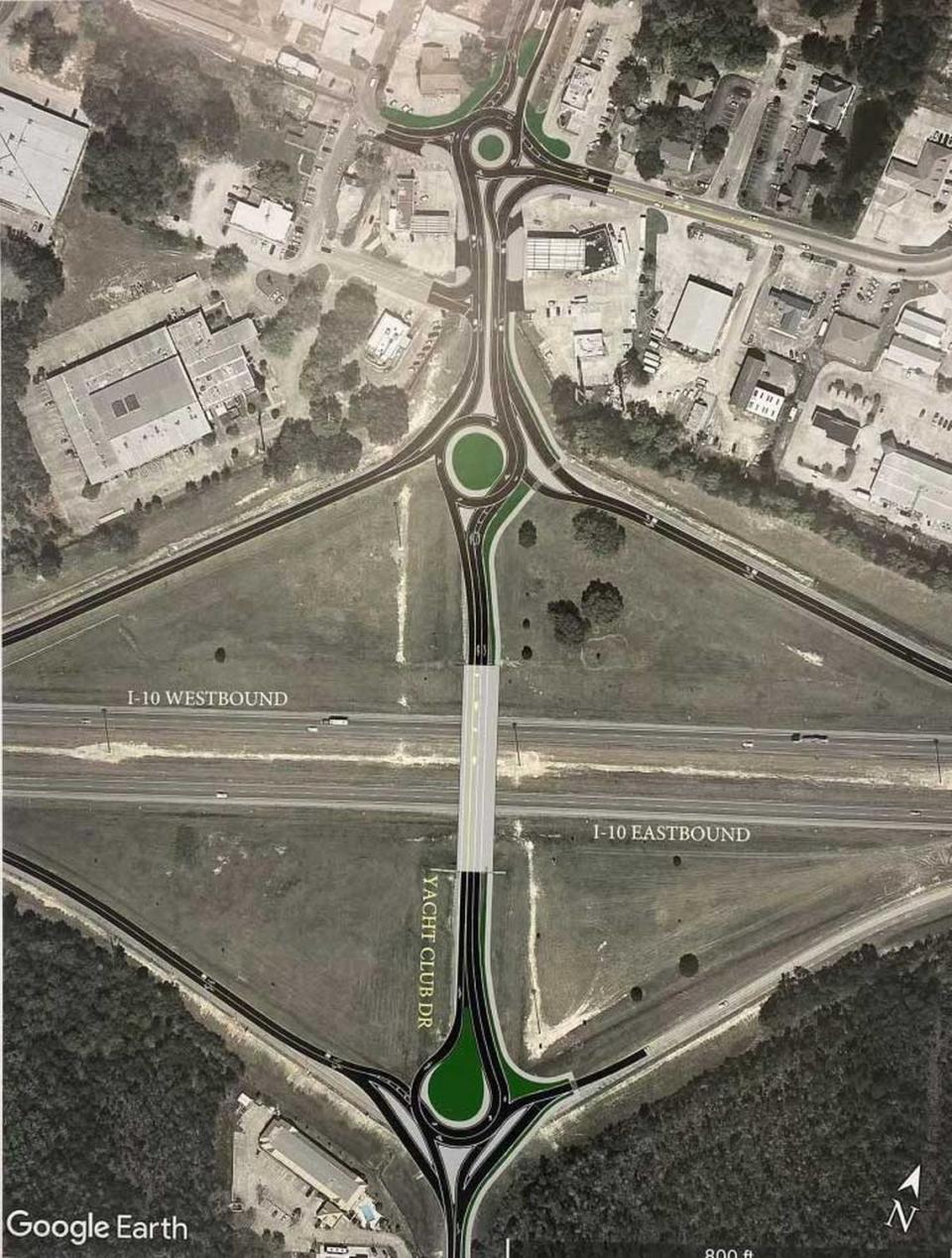 An image provided by the Mississippi Department of Transportation shows three future roundabouts planned for the Diamondhead interchange off I-10. The agency is building three roundabouts and adding another multi-use path on the overpass that will connect bike and golf cart traffic across the north and south sides of Diamondhead by 2026.