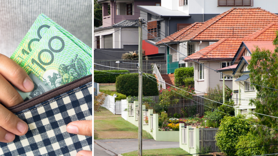 Australian $100 notes and the street view of suburban property in Brisbane.