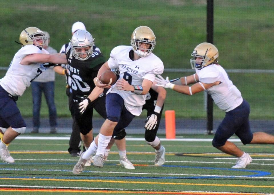 Hanover QB Ben Scalzi has room to run against Duxbury during the high school football season opener at Duxbury High School, Thursday, Sept. 8, 2022.