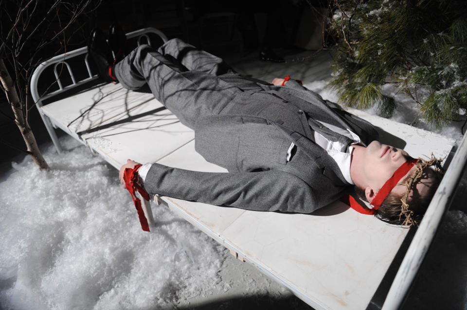 The Thom Browne Fall 2013 collection is modeled during Fashion Week, Monday, Feb. 11, 2013, in New York. (AP Photo/Louis Lanzano)