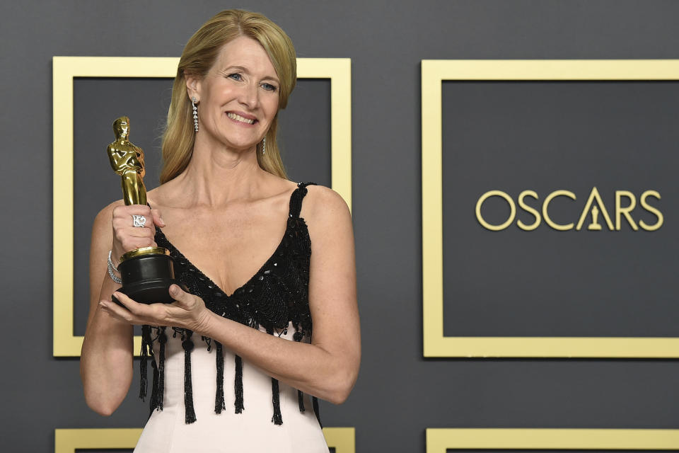 Laura Dern, winner of the award for best performance by an actress in a supporting role for "Marriage Story", poses in the press room at the Oscars on Sunday, Feb. 9, 2020, at the Dolby Theatre in Los Angeles. (Photo by Jordan Strauss/Invision/AP)