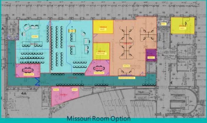 Construction will begin this summer to convert the Civic Center's Missouri Room into two new municipal courtrooms (blue) with office space and meeting rooms.