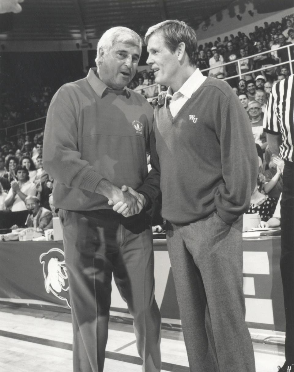 Competing coaches Pete Bell (Nick Nolte, right) and Bobby Knight (himself) shake hands in "Blue Chips."