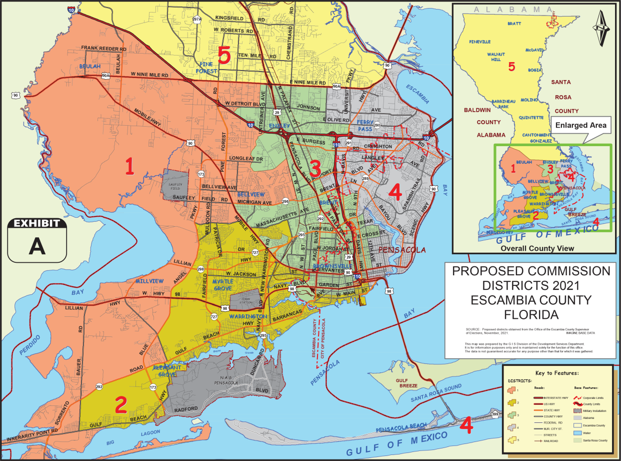 A county-produced map showing the new boundaries of the five Escambia County Commission districts adopted Thursday will go into effect for the 2022 election. The most significant change of the map is moving the Perdido Key area from District 2 to District 1.