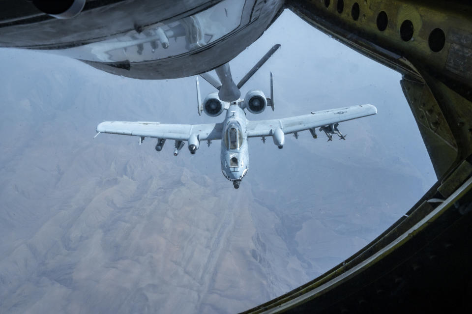 In this handout photo from the U.S. Air Force, a U.S. Air Force A-10 Thunderbolt II receives fuel from a KC-135 Stratotanker near the Strait of Hormuz, July 21, 2023. Thousands of Marines backed by the United States' top fighter jet, warships and other aircraft are slowly building up in the Persian Gulf. It's a sign that while America's wars in the region may be over, its conflict with Iran over its advancing nuclear program only continues to worsen with no solutions in sight. (Staff Sgt. Frank Rohrig/U.S. Air Force, via AP)