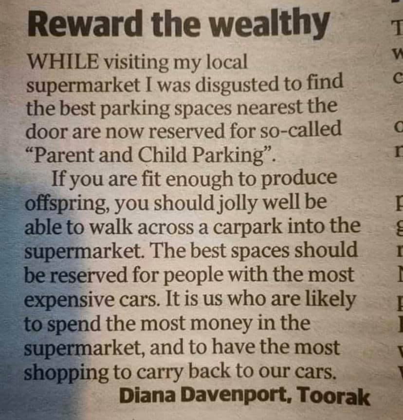 Letter to Herald Sun published Tuesday from Diana Davenport complaining about parenting bays at a Melbourne supermarket.