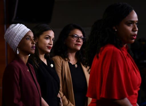 US Representatives Ayanna Pressley (R), Rashida Tlaib (second from R), Alexandria Ocasio-Cortez (third from R) and Ilhan Omar (L) were urged by Trump to "go back" to their countries of origin