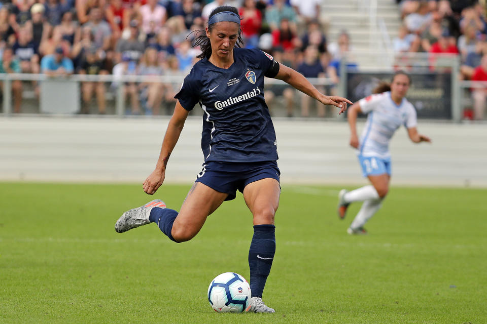 FILE - In this Oct. 27, 2019, file photo, North Carolina Courage's Abby Erceg (6) moves the ball against the Chicago Red Stars during the first half of the NWSL championship game in Cary, N.C. Coach Paul Riley calls defender Abby Erceg the bedrock of the North Carolina Courage. The New Zealand native is captain of the Courage, the two-time National Women's Soccer League defending champions. (AP Photo/Karl B DeBlaker, File)