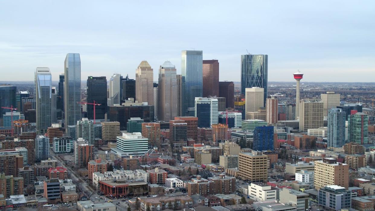 This photo of downtown Calgary was captured by drone in March 2017. City council is looking at citywide changes to zoning rules to allow row houses and townhomes to be built on lots currently zoned for single family houses. (Ed Middleton/CBC - image credit)