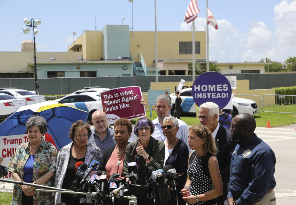 Rep. Rosa DeLauro, D-Conn., center, stands with other members of Congress following a tour of the Homestead Shelter for Unaccompanied Children, Monday, July 15, 2019, in Homestead, Fla. (AP Photo/Lynne Sladky)