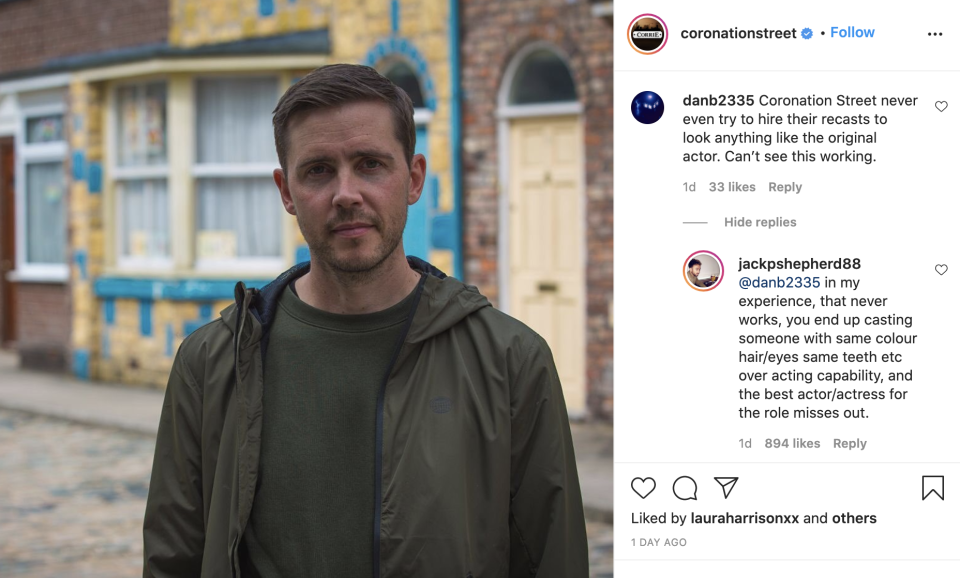 Jack P Shepherd responded to a fan's comments on recasting in soaps. (ITV/Instagram)