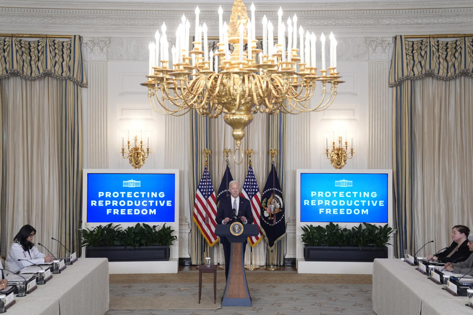 President Joe Biden speaks during a meeting with his reproductive rights task force to mark the 51st anniversary of the Roe v. Wade decision, in the State Dining Room of the White House, Monday, Jan. 22, 2024, in Washington.Biden and Vice President Kamala Harris will join forces at a rally in Virginia on Tuesday as they push for abortion rights. First lady Jill Biden and second gentleman Doug Emhoff will also be there at what will be the first joint appearance by the four of them since the 2024 campaign began.(AP Photo/Evan Vucci)