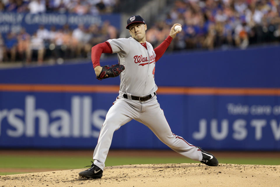 Washington Nationals starting pitcher Patrick Corbin throws during the second inning of a baseball game against the New York Mets, Saturday, Aug. 10, 2019, in New York. (AP Photo/Seth Wenig)