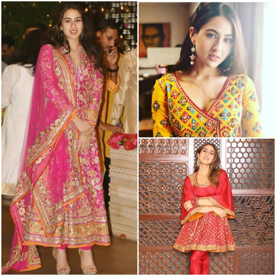 She has been seen in heavily embellished Anarkali suits in bright reds, yellows, magentas and greens. Could be an intricate zardosi pattern, mirror work or gota patti. She never goes overboard with jewelry pieces - never. Mostly, it's just a pair of statement earrings that add to her youthful charm. <br>