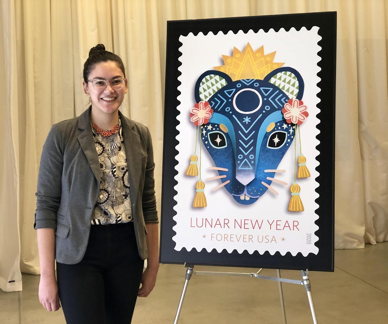 Camille Chew with her stamp design in 2020.