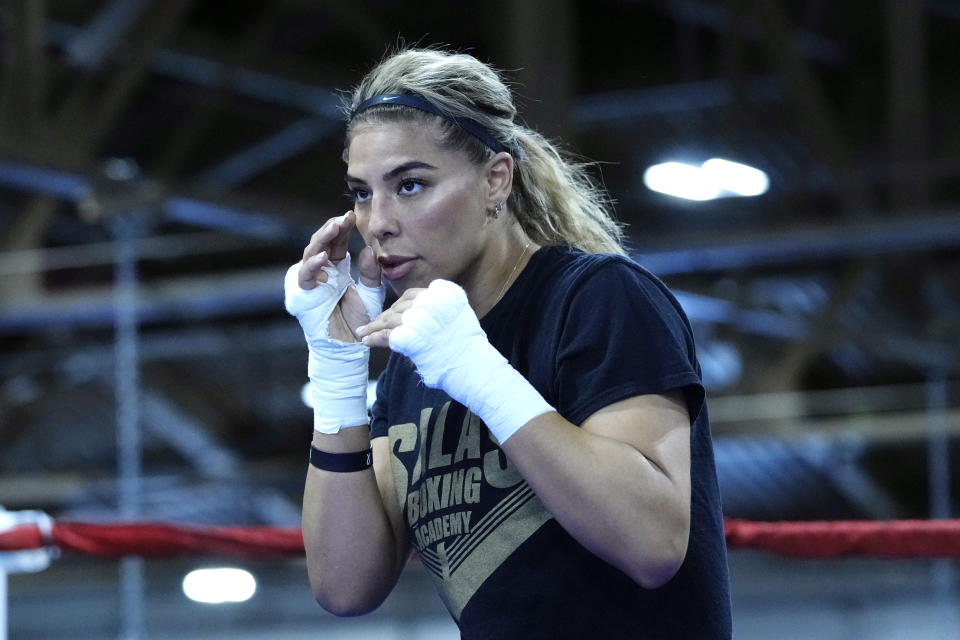 Maricela Cornejo works in the ring, Tuesday, May 30, 2023, in Detroit. The top-ranked contender will box Claressa Shields, the undisputed middleweight champion on Saturday. (AP Photo/Carlos Osorio)