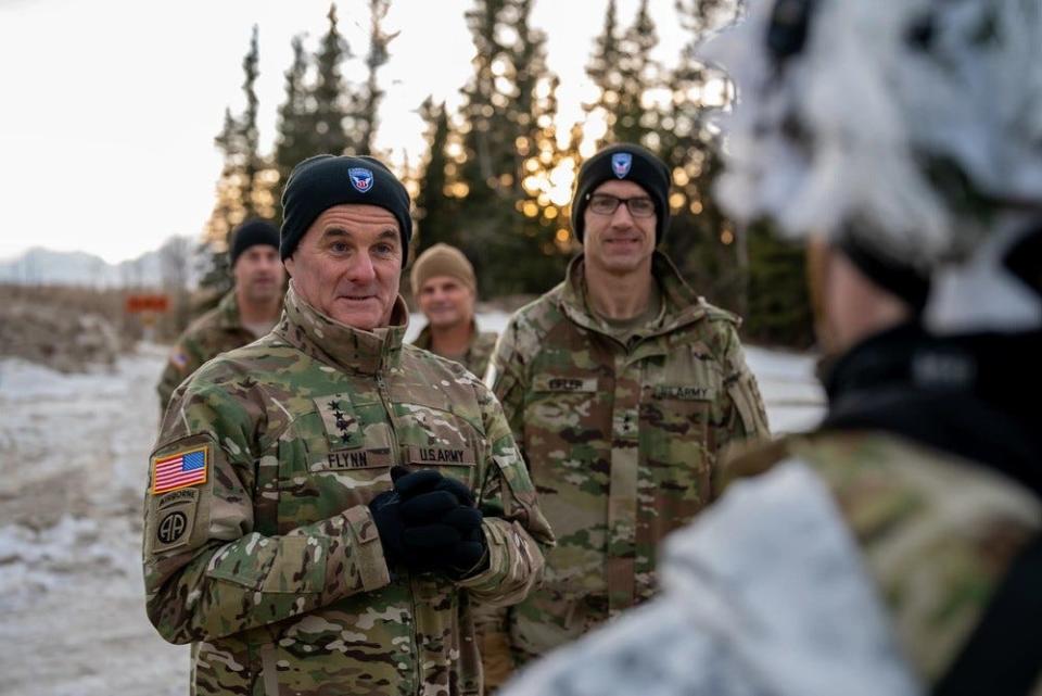 U.S. Army Gen. Charles Flynn, Commander of the U.S. Army Pacific, speaks with soldiers from the 1st Infantry Brigade Combat Team, 11th Airborne Division, during Joint Pacific Multinational Readiness Center 24-02 at Donnelly Training Area, Alaska, Feb. 15, 2024.