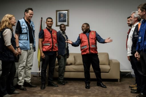 Mozambique's President Filipe Nyusi (gesturing) on Thursday met representatives of various international aid organisations in Beira