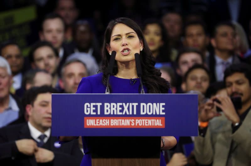 FILE PHOTO: Britain's Home Secretary Priti Patel speaks during a final general election campaign event in London