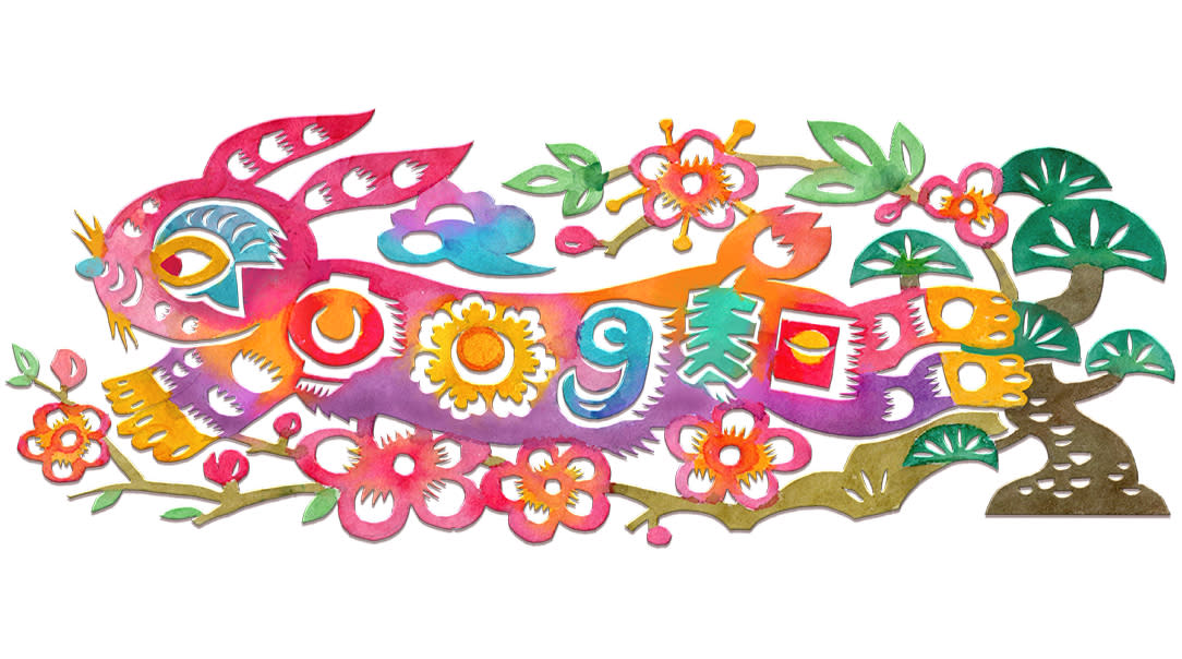  Google doodle of a sylized rabbit with the Google logo for Lunar Year 2023. 