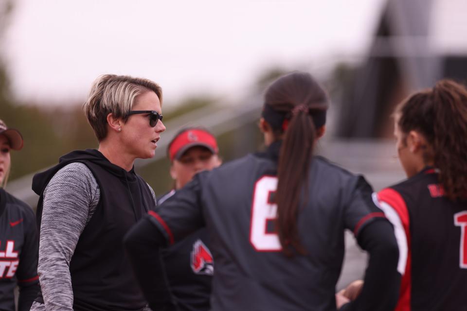 Ball State softball head coach Lacy Schurr talks to her team during a scrimmage at the Softball Field at First Merchants Ballpark Complex.