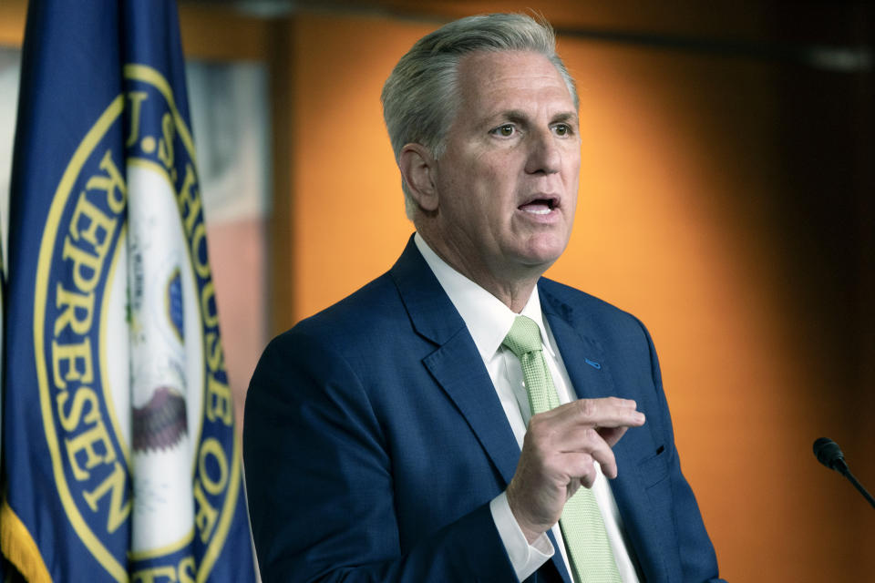 FILE - In this April 15, 2021, file photo, House Minority Leader Kevin McCarthy of Calif., speaks during a news conference on Capitol Hill in Washington. McCarthy is leading his party to an inflection point. House Republicans are preparing to dump Rep. Liz Cheney from the No. 3 leadership position. If so, McCarthy will have transformed what’s left of the party of Lincoln more decisively into the party of Trump. (AP Photo/Jacquelyn Martin, File)