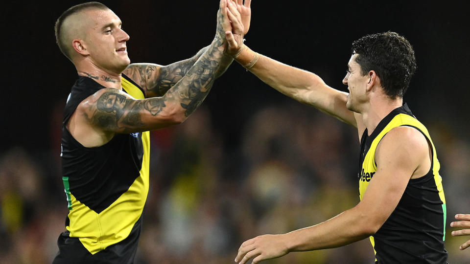 Dustin Martin and Jason Castagna, pictured here celebrating a Richmond goal against St Kilda.