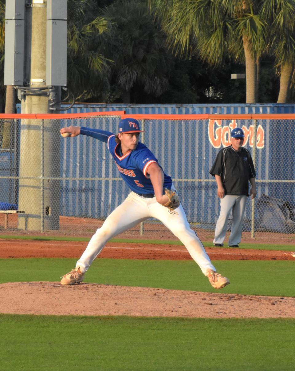 Palm Beach Gardens pitcher Luke Hogue hurls a pitch during the second inning of a regular season game against Park Vista on Mar. 12, 2024.