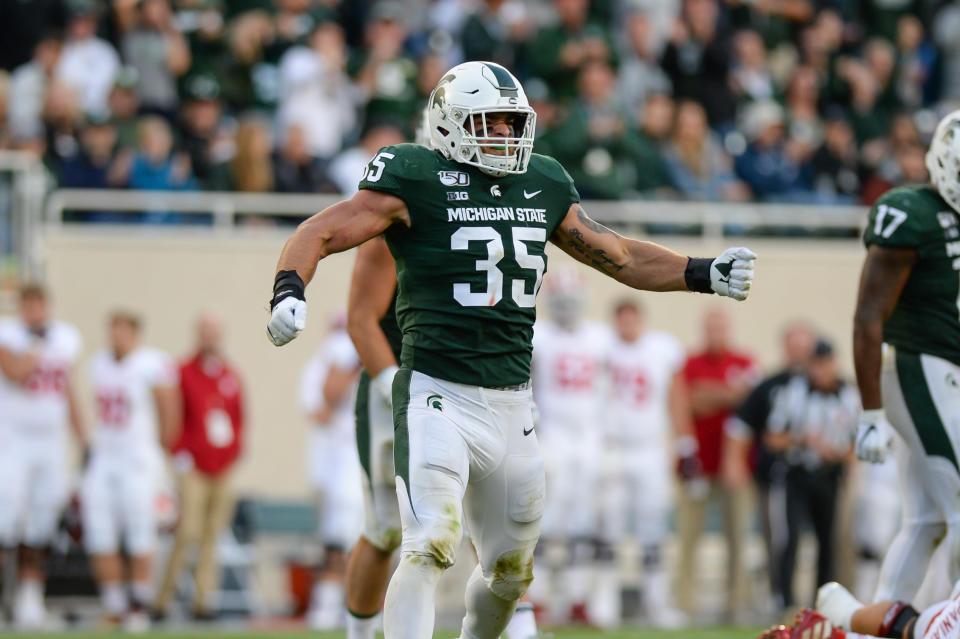 EAST LANSING, MI - SEPTEMBER 28: Michigan State linebacker Joe Bachie (35) celebrates a tackle during a college football game between the Michigan State Spartans and Indiana Hoosiers on September 28, 2019 at Spartan Stadium in East Lansing, MI. (Photo by Adam Ruff/Icon Sportswire via Getty Images)