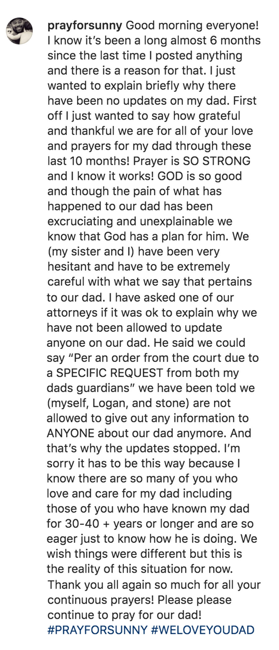 Text from the final post from the 'pray4sunny' Instagram page, administered by Kaila Garcia, before it was switched to private.