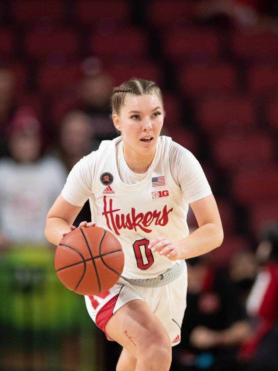 Nebraska's Ashley Scoggin plays against Michigan Jan. 4, 2022. The former Nebraska women's basketball player alleges coach Amy Williams and athletic director Trev Alberts did not take appropriate action when her sexual relationship with an assistant coach became widely known. Scoggin filed a civil lawsuit on Feb. 18, 2024.