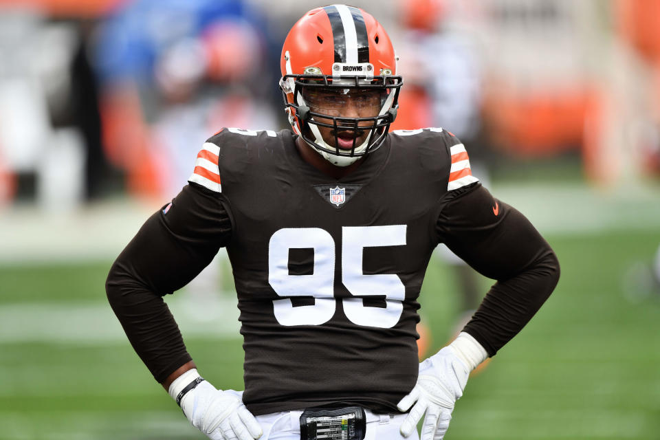 Cleveland Browns defensive end Myles Garrett will miss his second straight game this week, according to head coach Kevin Stefanski. (Photo by Jamie Sabau/Getty Images)