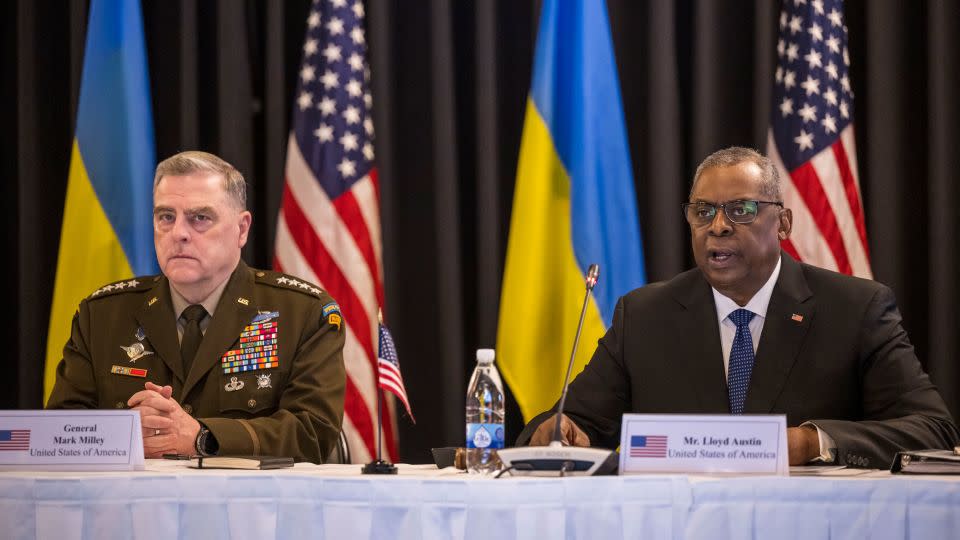 Gen. Mark Milley and Secretary of Defence Lloyd Austin attend a meeting of the Ukraine Defence Contact Group at Ramstein Air Base on April 21, 2023. - Thomas Lohnes/Getty Images