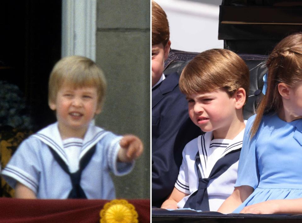 Prince William at the 1985 Trooping the Colour and Prince Louis at the 2022 Trooping the Colour.